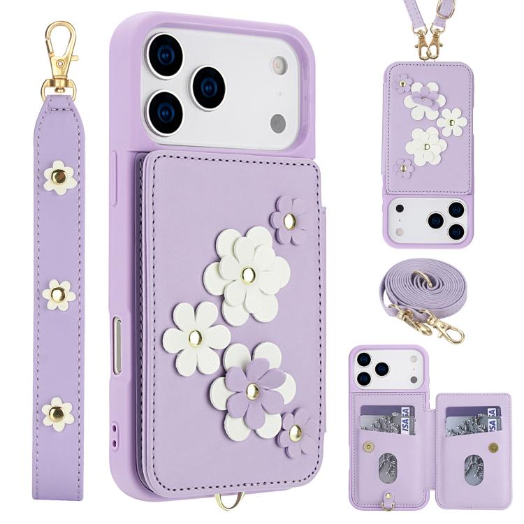 

For iPhone 17 Pro Crossbody Flower Pattern Leather Phone Case(Purple)