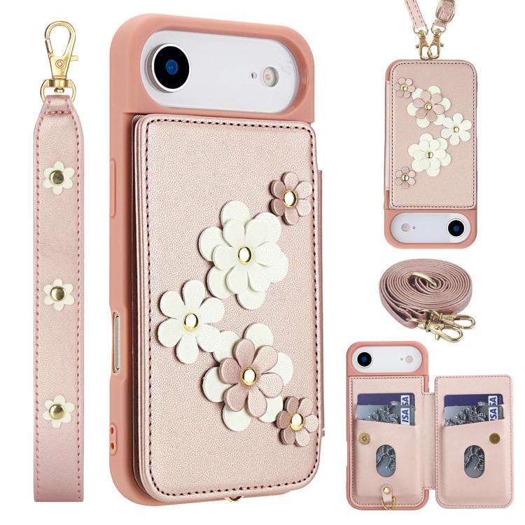 

For iPhone Air Crossbody Flower Pattern Leather Phone Case(Rose Gold)