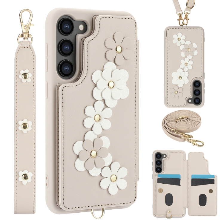 

For Samsung Galaxy S22+ 5G Crossbody Flower Pattern Leather Phone Case(White)