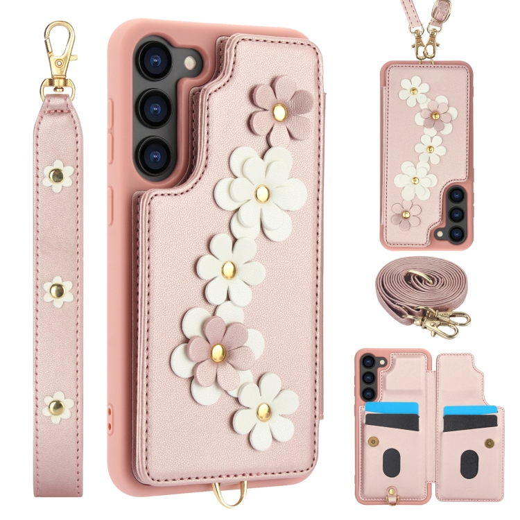 

For Samsung Galaxy S22+ 5G Crossbody Flower Pattern Leather Phone Case(Rose Gold)