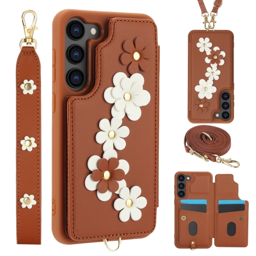 

For Samsung Galaxy S22+ 5G Crossbody Flower Pattern Leather Phone Case(Brown)