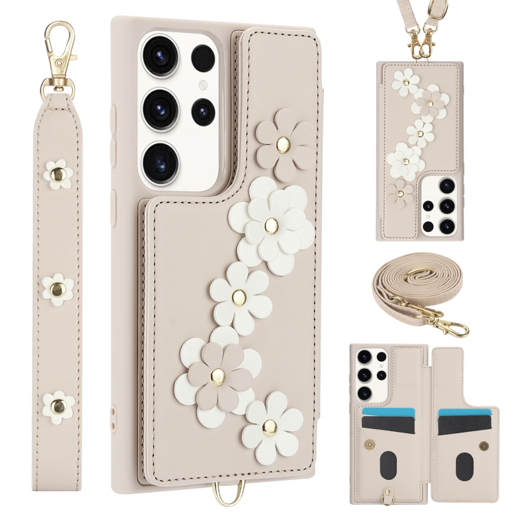 

For Samsung Galaxy S22 Ultra 5G Crossbody Flower Pattern Leather Phone Case(White)