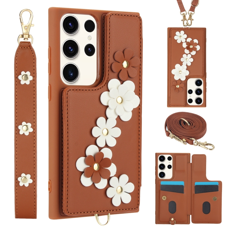 

For Samsung Galaxy S22 Ultra 5G Crossbody Flower Pattern Leather Phone Case(Brown)