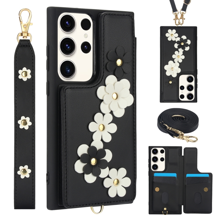 

For Samsung Galaxy S23 Ultra 5G Crossbody Flower Pattern Leather Phone Case(Black)