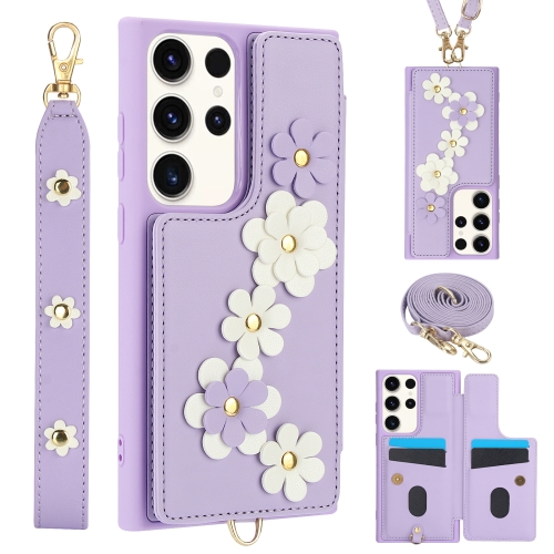 

For Samsung Galaxy S23 Ultra 5G Crossbody Flower Pattern Leather Phone Case(Purple)