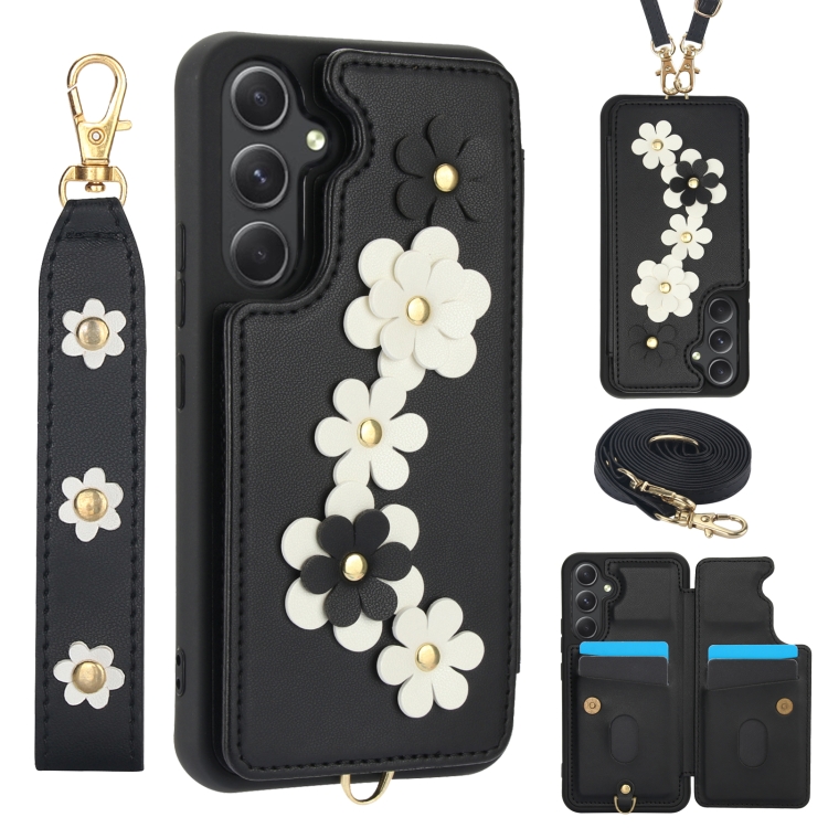 

For Samsung Galaxy S24+ 5G Crossbody Flower Pattern Leather Phone Case(Black)