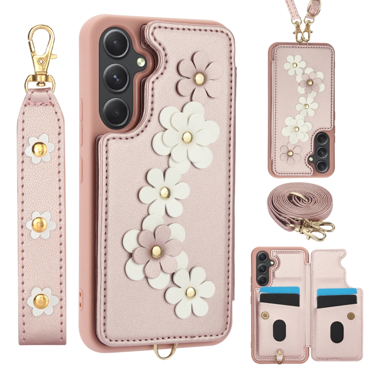 

For Samsung Galaxy S24+ 5G Crossbody Flower Pattern Leather Phone Case(Rose Gold)