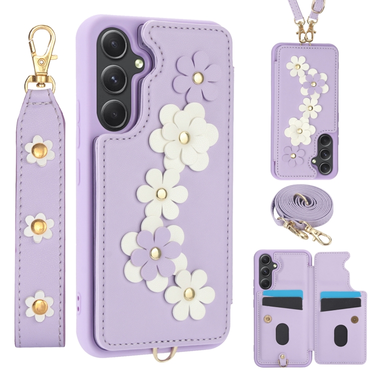 

For Samsung Galaxy S24+ 5G Crossbody Flower Pattern Leather Phone Case(Purple)