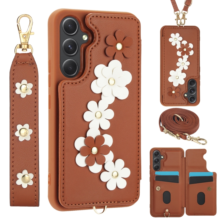 

For Samsung Galaxy S24+ 5G Crossbody Flower Pattern Leather Phone Case(Brown)