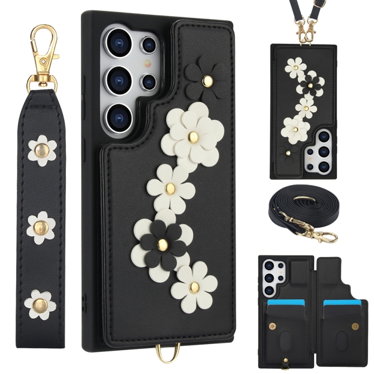 

For Samsung Galaxy S25 Ultra 5G Crossbody Flower Pattern Leather Phone Case(Black)