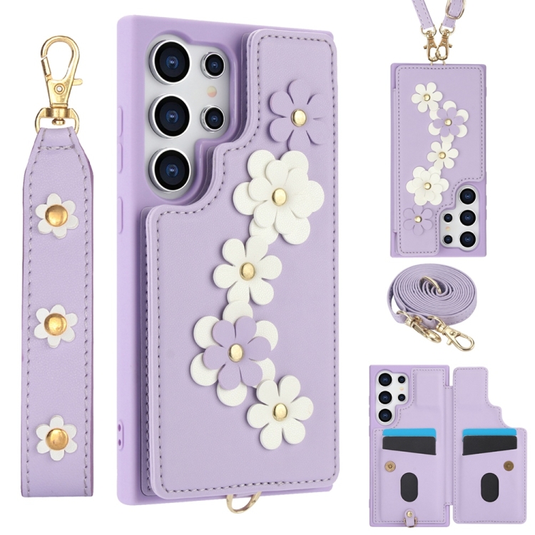 

For Samsung Galaxy S25 Ultra 5G Crossbody Flower Pattern Leather Phone Case(Purple)
