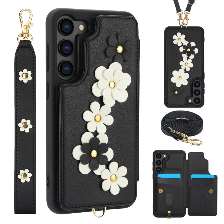 

For Samsung Galaxy S25+ 5G Crossbody Flower Pattern Leather Phone Case(Black)