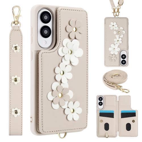 

For Samsung Galaxy S25 Edge 5G Crossbody Flower Pattern Leather Phone Case(White)