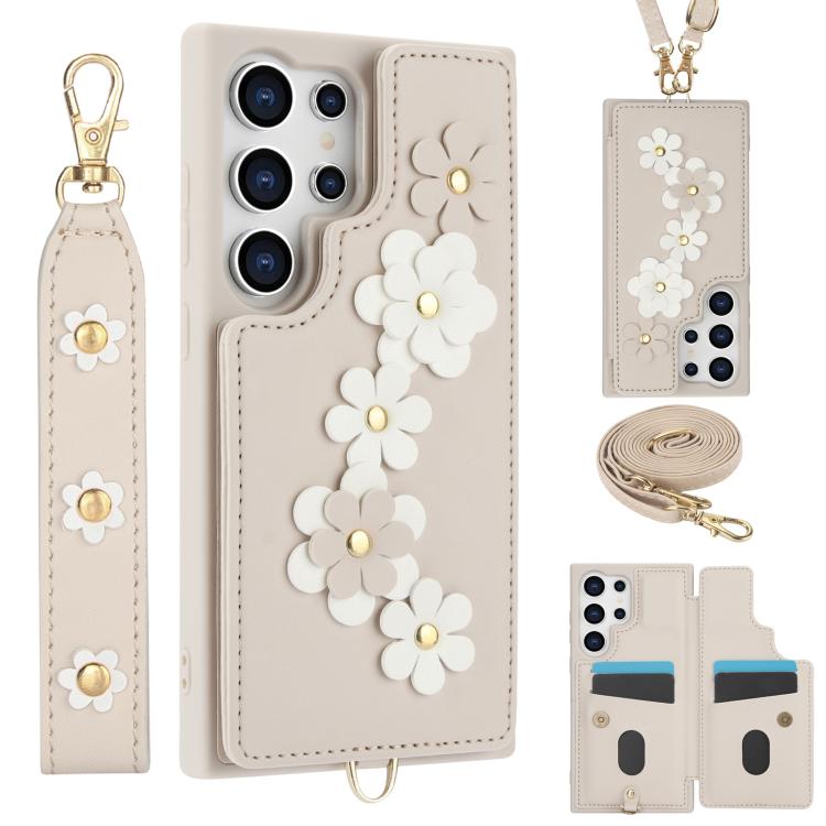 

For Samsung Galaxy S26 Ultra 5G Crossbody Flower Pattern Leather Phone Case(White)
