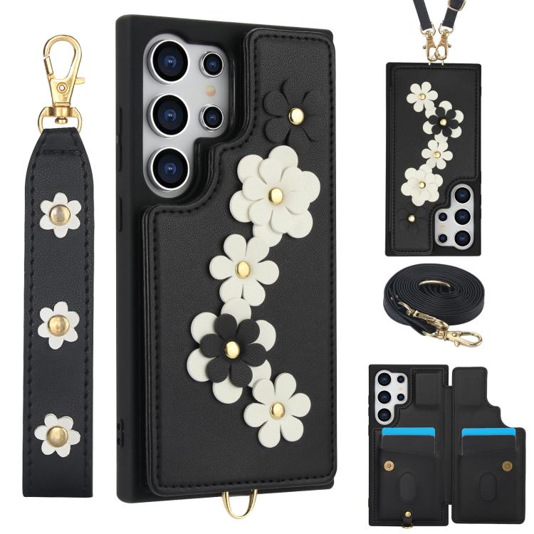 

For Samsung Galaxy S26 Ultra 5G Crossbody Flower Pattern Leather Phone Case(Black)