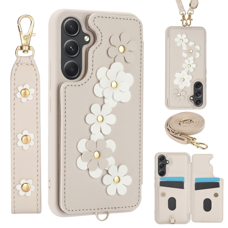 

For Samsung Galaxy A55 Crossbody Flower Pattern Leather Phone Case(White)
