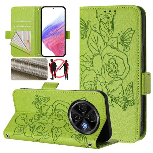 

For Tecno Spark 30C 5G / Pop 9 5G Embossed Rose RFID Anti-theft Leather Phone Case(Green)