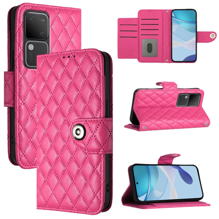 

For vivo V30 / V30 Pro Rhombic Texture Flip Leather Phone Case with Lanyard(Rose Red)