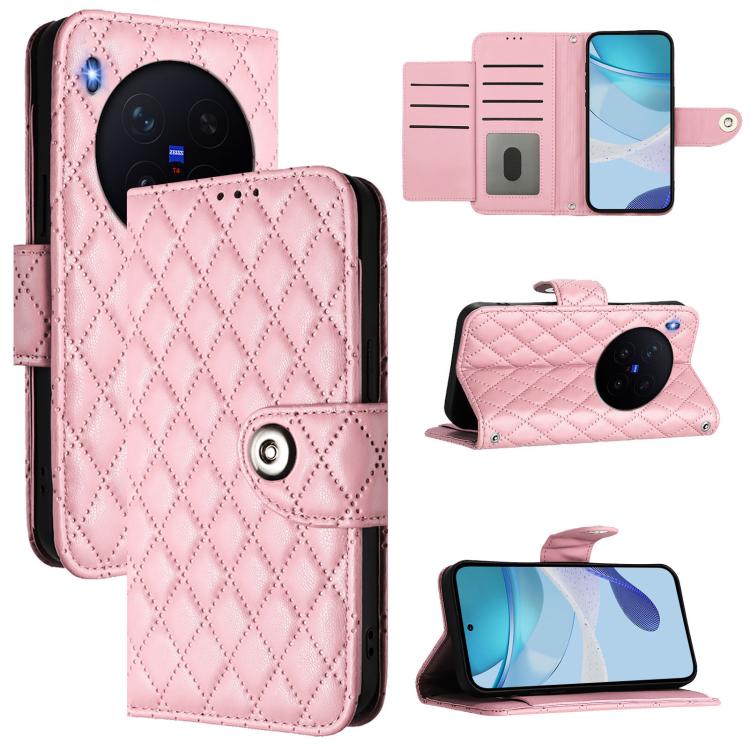 

For vivo X300 Pro Rhombic Texture Flip Leather Phone Case with Lanyard(Pink)