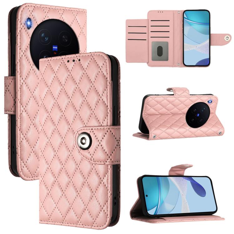

For vivo X300 Rhombic Texture Flip Leather Phone Case with Lanyard(Coral Pink)