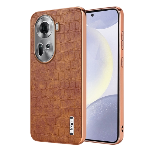 

For OPPO Reno11 Global AZNS Electroplated Frame Crocodile Texture Full Coverage Phone Case(Brown)