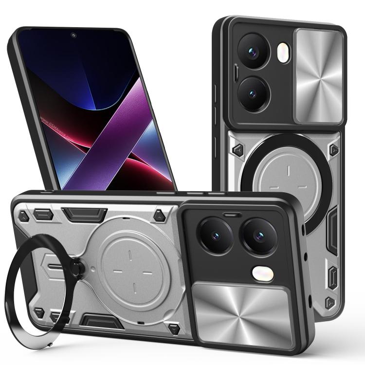 

For Xiaomi Poco X7 Pro 5G Global CD Texture Sliding Camshield Magnetic Holder Phone Case(Silver)