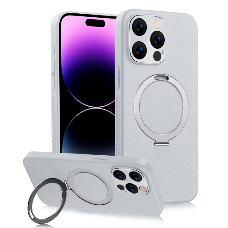 

For iPhone 14 Pro Max MagSafe Rotation Holder PC + Leather Phone Case(White)