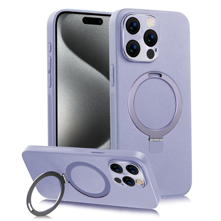 

For iPhone 15 Pro MagSafe Rotation Holder PC + Leather Phone Case(Purple)
