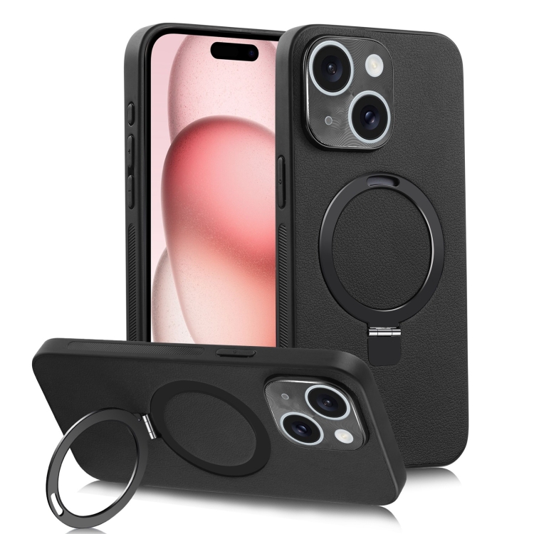 

For iPhone 15 MagSafe Rotation Holder PC + Leather Phone Case(Black)