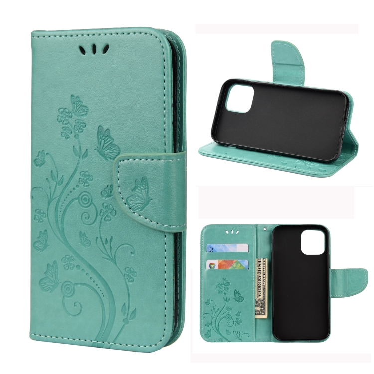 

For iPhone 12 / 12 Pro Butterfly Flower Pattern Horizontal Flip Leather Case with Holder & Card Slots & Wallet(Green)