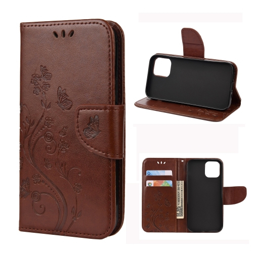 

For iPhone 12 / 12 Pro Butterfly Flower Pattern Horizontal Flip Leather Case with Holder & Card Slots & Wallet(Brown)