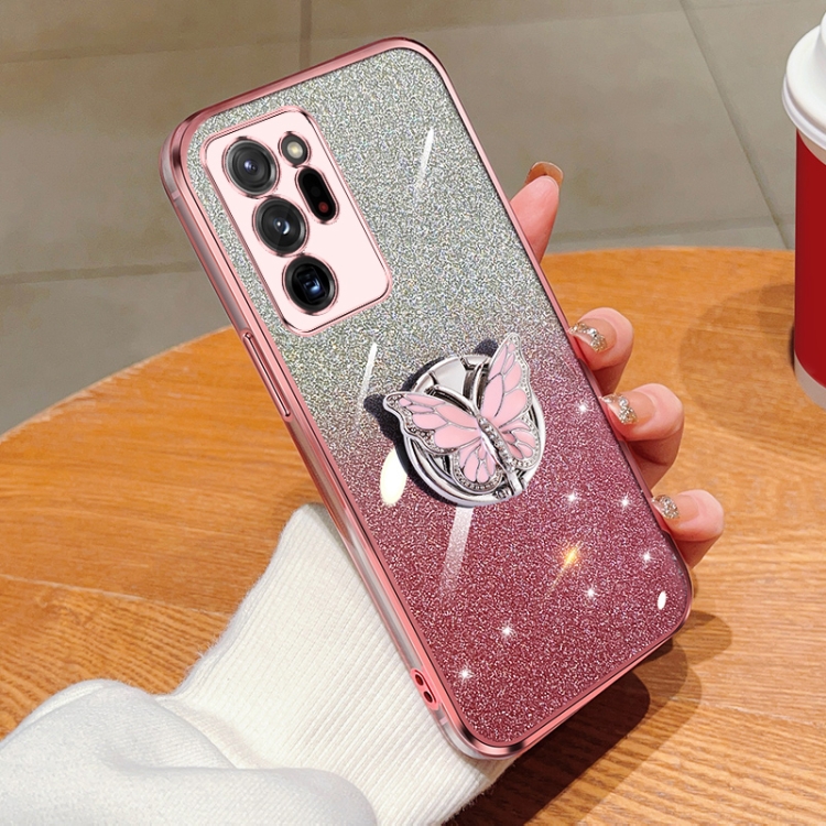 

For Samsung Galaxy Note20 Ultra Plated Gradient Glitter Butterfly Holder TPU Phone Case(Pink)