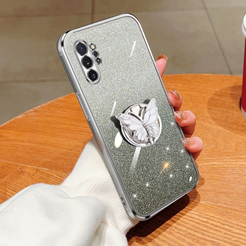 For Samsung Galaxy Note10 Plated Gradient Glitter Butterfly Holder TPU Phone Case Silver