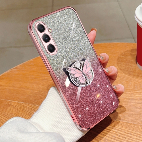 For Samsung Galaxy M34 5G Plated Gradient Glitter Butterfly Holder TPU Phone Case(Pink)