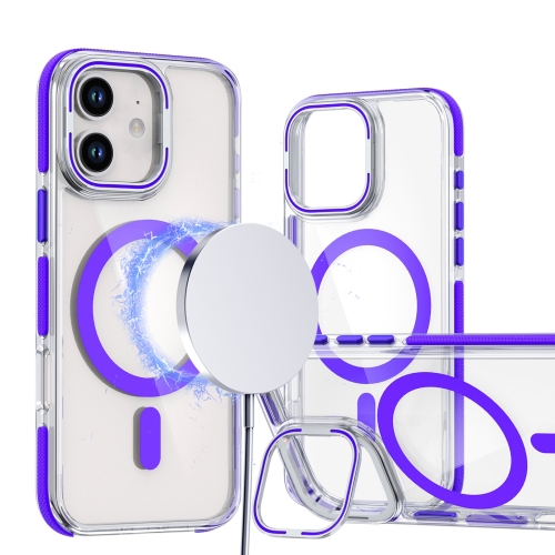

For iPhone 12 / 12 Pro Dual-Color Clear Acrylic Hybrid TPU Lens Flip Holder MagSafe Phone Case(Purple)