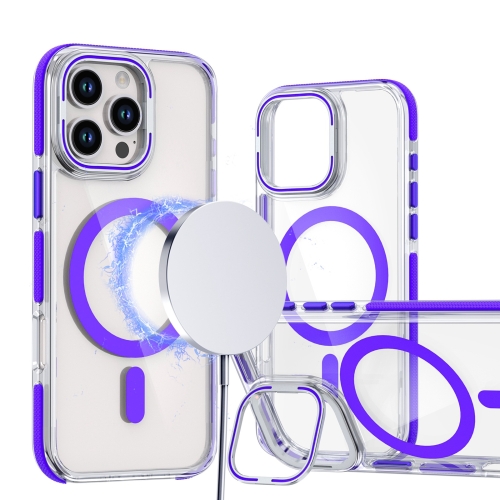 

For iPhone 12 Pro Max Dual-Color Clear Acrylic Hybrid TPU Lens Flip Holder MagSafe Phone Case(Purple)