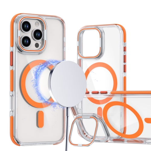 

For iPhone 13 Pro Max Dual-Color Clear Acrylic Hybrid TPU Lens Flip Holder MagSafe Phone Case(Orange)
