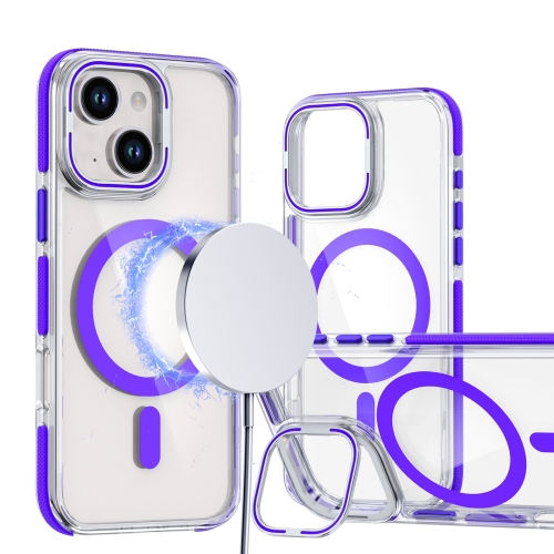 

For iPhone 13 / 14 Dual-Color Clear Acrylic Hybrid TPU Lens Flip Holder MagSafe Phone Case(Purple)