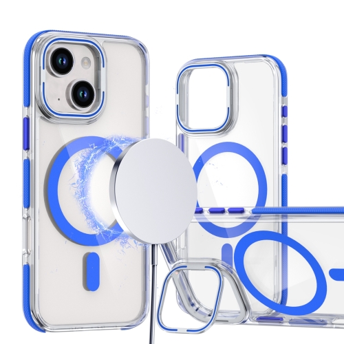 

For iPhone 15 Dual-Color Clear Acrylic Hybrid TPU Lens Flip Holder MagSafe Phone Case(Blue)