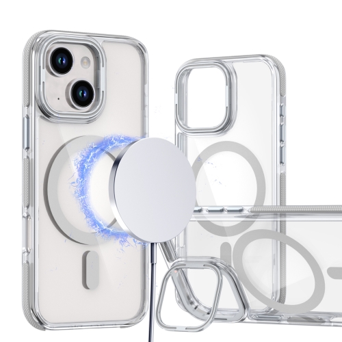 

For iPhone 15 Plus Dual-Color Clear Acrylic Hybrid TPU Lens Flip Holder MagSafe Phone Case(Grey)