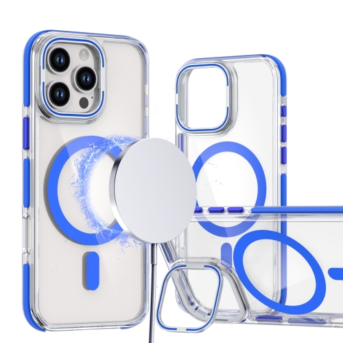 

For iPhone 15 Pro Max Dual-Color Clear Acrylic Hybrid TPU Lens Flip Holder MagSafe Phone Case(Blue)