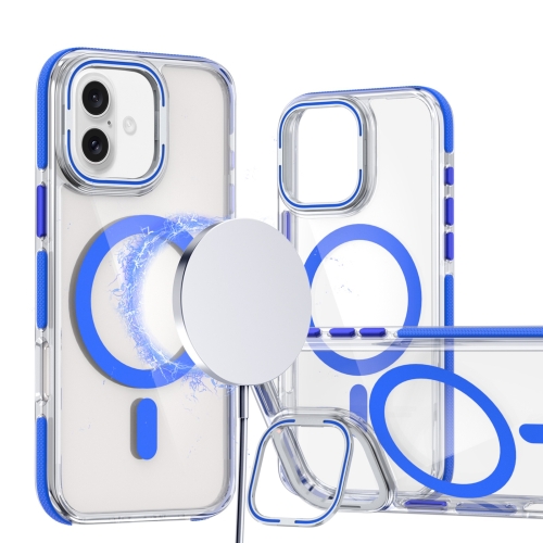 

For iPhone 16 Dual-Color Clear Acrylic Hybrid TPU Lens Flip Holder MagSafe Phone Case(Blue)