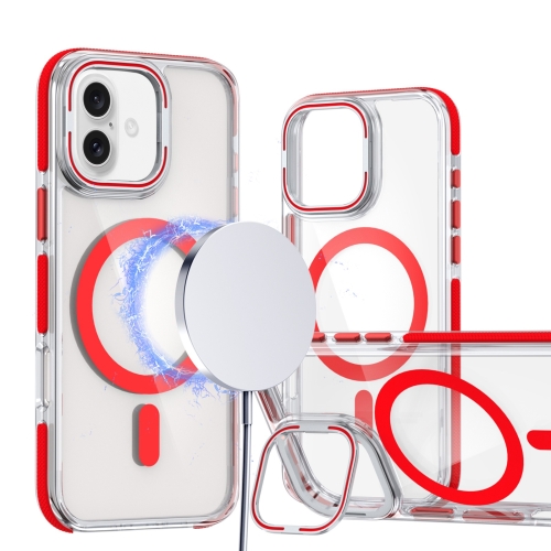 

For iPhone 16 Plus Dual-Color Clear Acrylic Hybrid TPU Lens Flip Holder MagSafe Phone Case(Red)