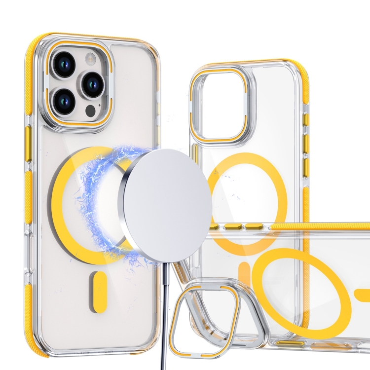 

For iPhone 16 Pro Dual-Color Clear Acrylic Hybrid TPU Lens Flip Holder MagSafe Phone Case(Yellow)