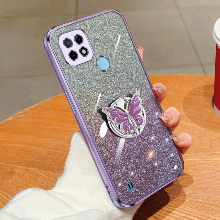 For Realme C21 Plated Gradient Glitter Butterfly Holder TPU Phone