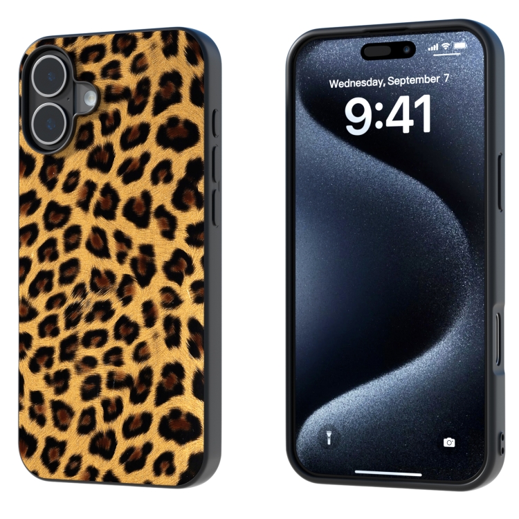 

For iPhone 16 Black Frame Leopard Phone Case(Golden Leopard)