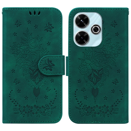 

For Redmi 13 4G Butterfly Rose Embossed Leather Phone Case(Green)