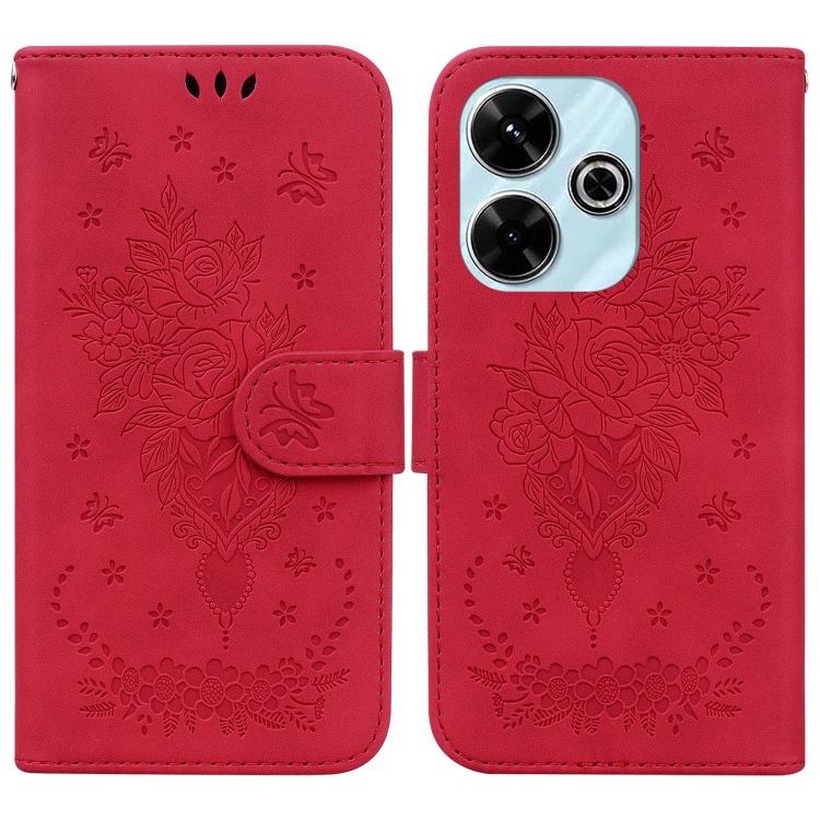 

For Redmi 13 4G Butterfly Rose Embossed Leather Phone Case(Red)