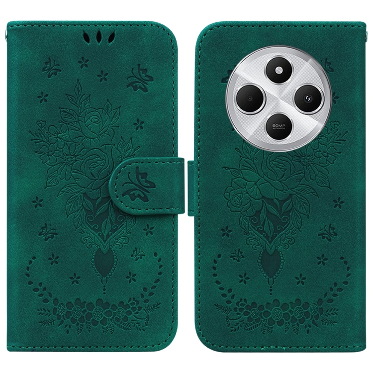 

For Redmi 14C 4G Butterfly Rose Embossed Leather Phone Case(Green)