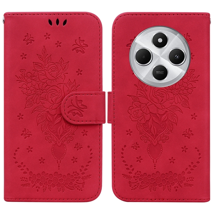 

For Redmi 14C 4G Butterfly Rose Embossed Leather Phone Case(Red)